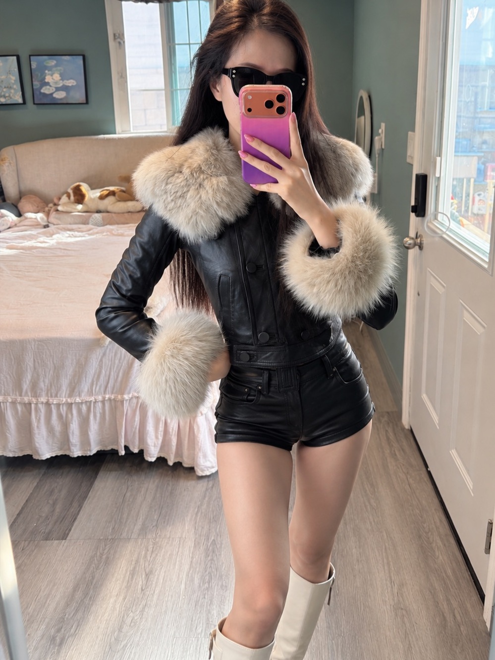 Miss Sixty Vintage Leather Jacket Detachable Fox Fur Collar Cuffs XS/XXS